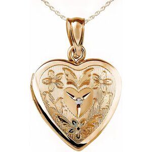 Women's 14K Gold Filled Floral Heart Photo Locket with Diamond - 3/4 inch x 3/4